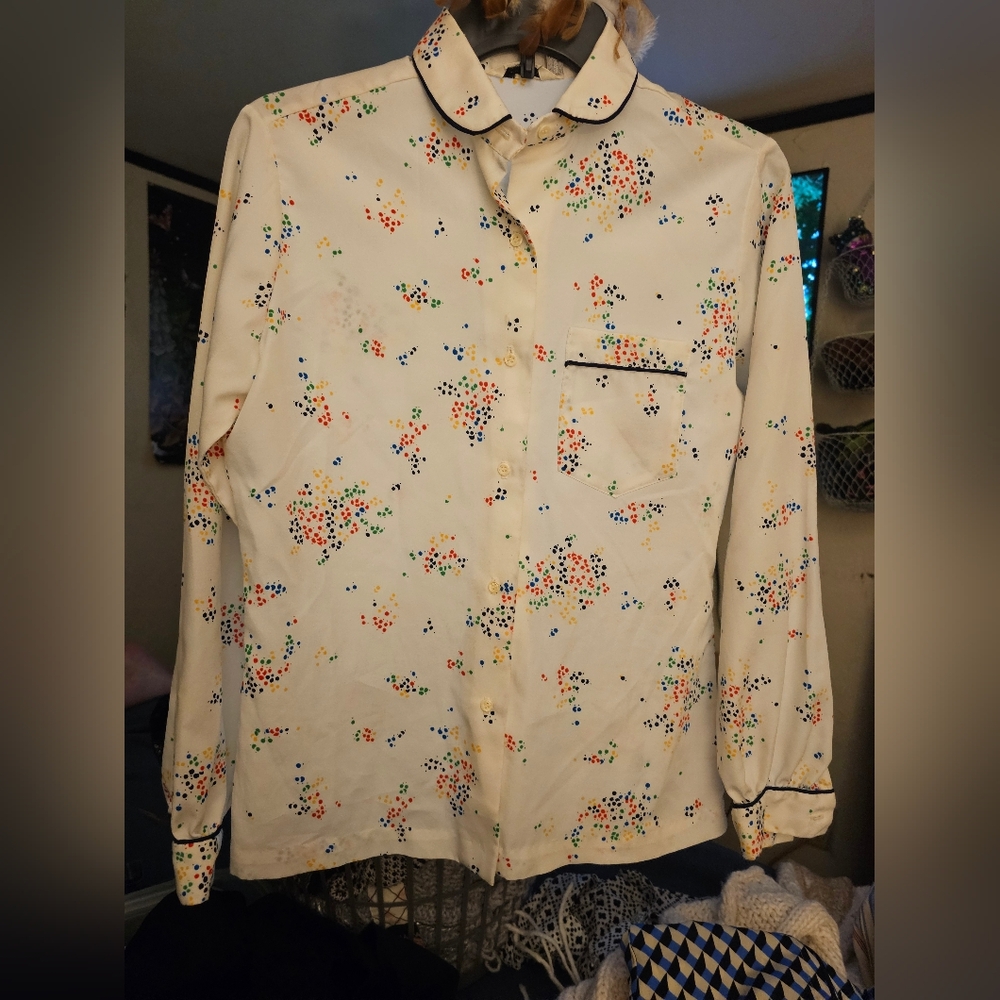 Cream Button-Up Shirt with Colorful Dots